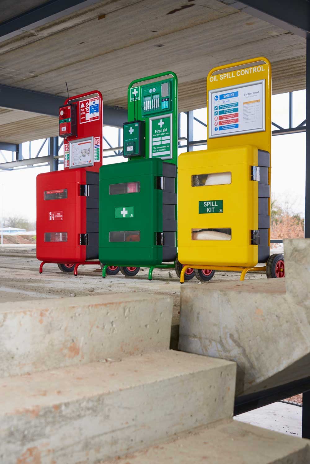 site evacuation, first aid and oil spill control stations