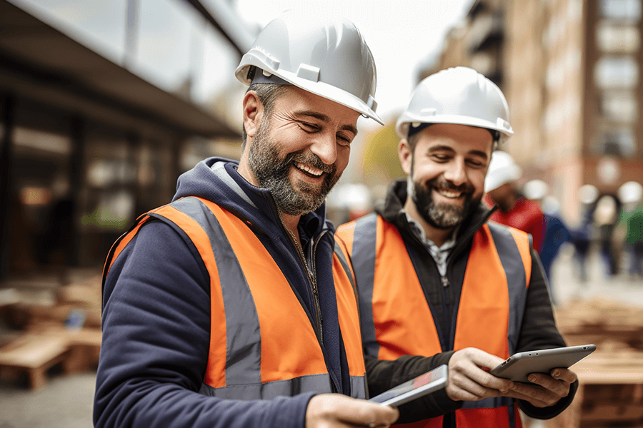 two men on construction site laughing with tablets