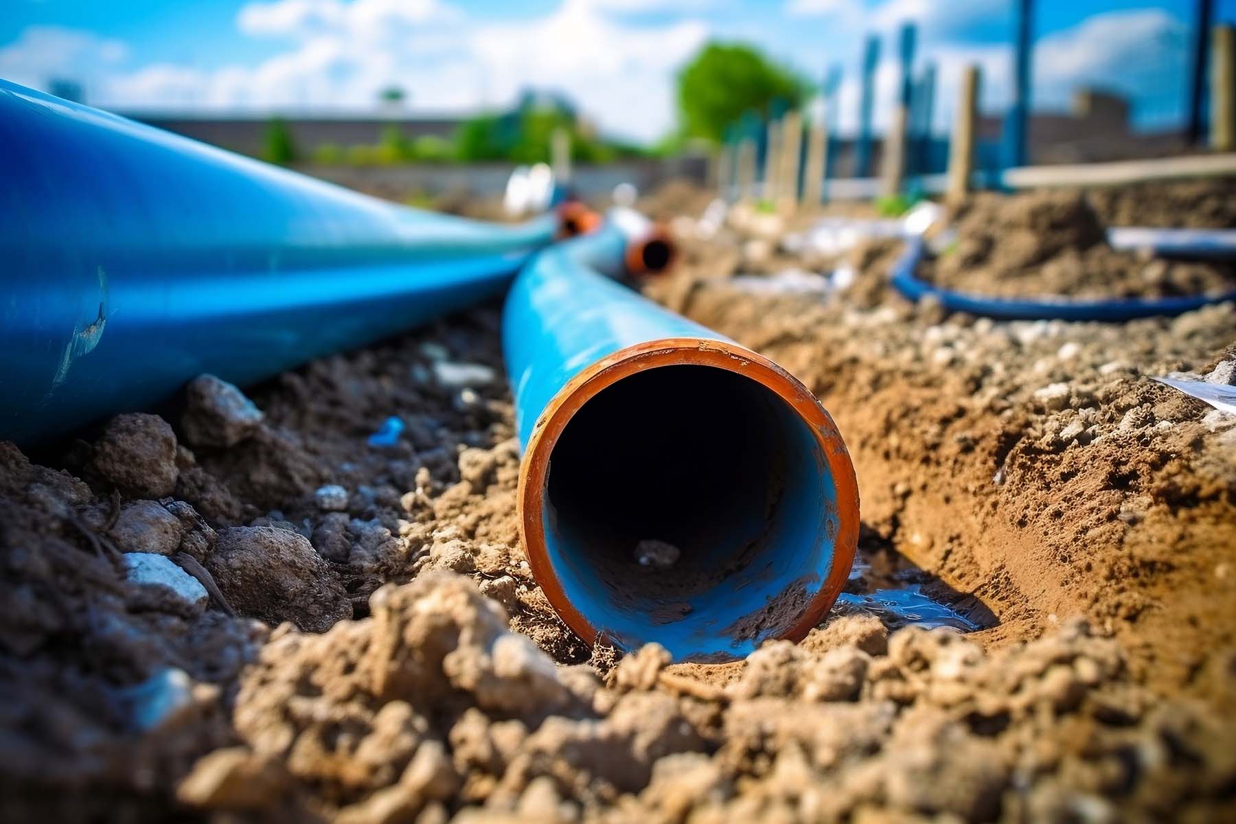 Close-Up of Newly Installed Sewage Pipe and Utility Connections in Construction Site