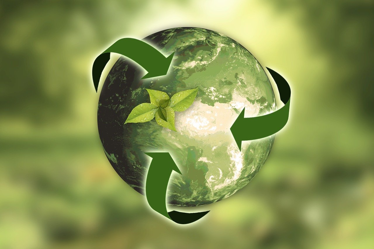 Graphic of a green globe surrounded by green arrows, symbolising sustainability and circular economy.