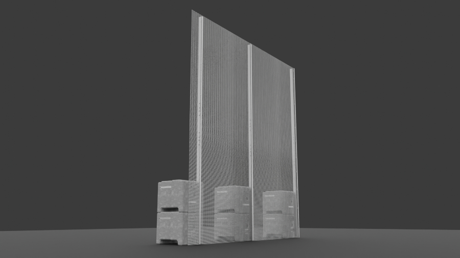 image of a temporary high-security fence system with a tall, wire mesh panel standing upright, supported by a series of four stacked ballast blocks at its base. The render is set against a plain gray background.