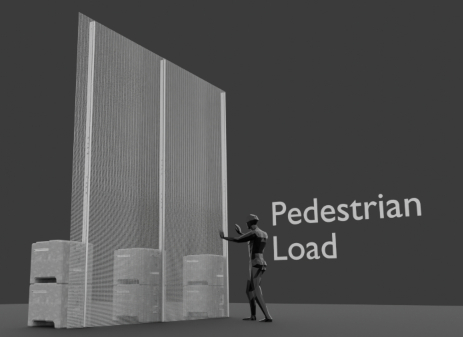 A monochrome image of a temporary high-security fence system with a tall, wire mesh panel and its ballast blocks. A small, dark-colored human figure is shown pushing on the fence, with the text "Pedestrian Load" next to it, illustrating the fence's resistance to pressure.