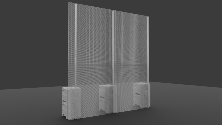 An image of a temporary high-security fence system with two tall, wire mesh panels standing side-by-side. The panels are supported by a total of four concrete ballast blocks at their base, with two blocks per panel. The render is set against a plain gray background.