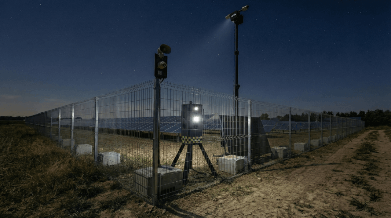 Panthera's robust hoarding, fencing, and CCTV systems illuminate and secure a solar farm at night, deterring cable theft and protecting valuable assets
